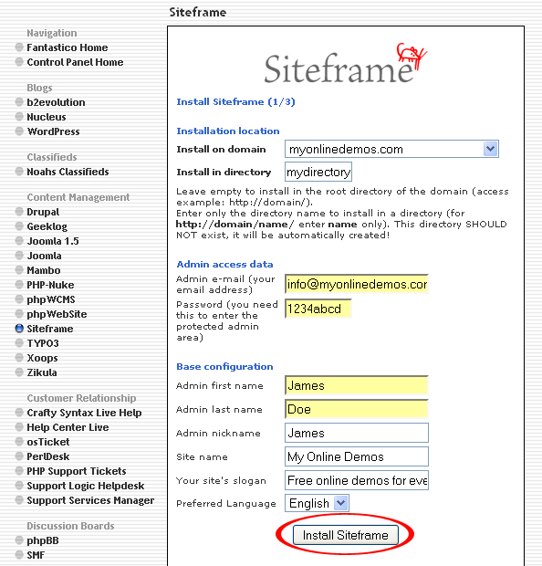 Install Siteframe button