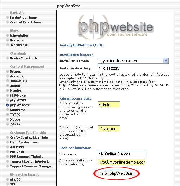 php WebSite button